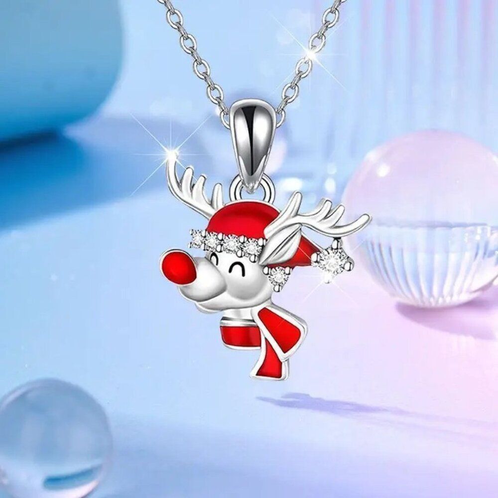 Christmas Winter Reindeer Holiday Necklace with Glass Accents